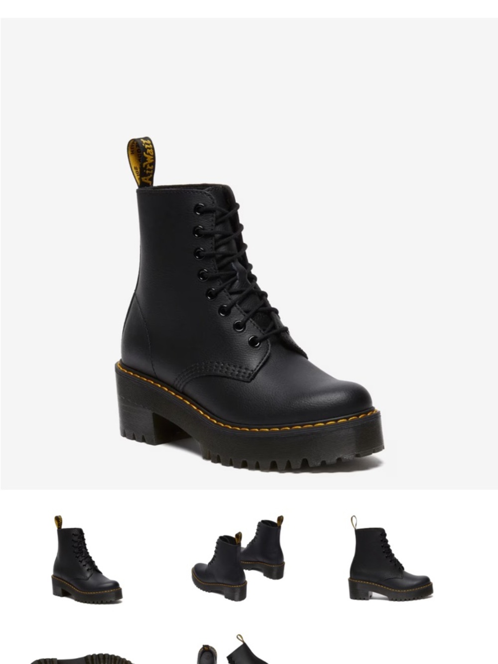 Dr. Martens Black Leather Platform Lace-Up Boots with Yellow Stitching